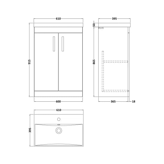 Athena Floor Standing 2 Door Vanity With Thin-Edge 1 Tap Hole Basin 600mm