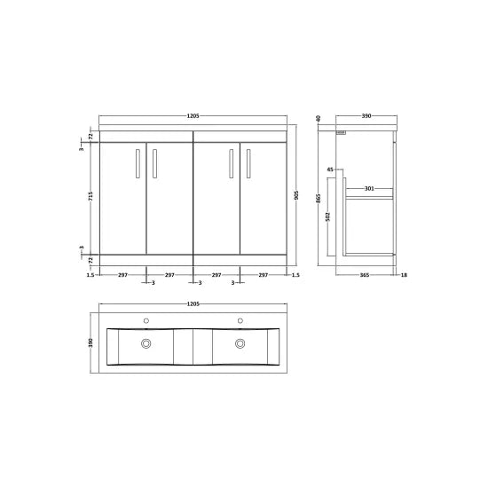 Athena Floor Standing 4 Door Vanity With Twin Basin 1200mm