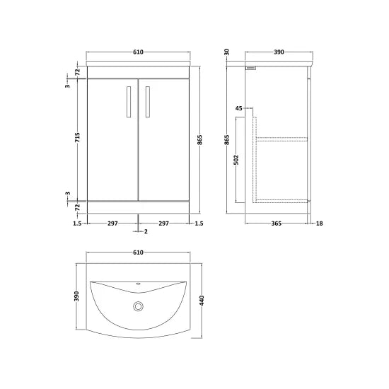 Athena Floor Standing 2 Door Vanity With Curved 1 Tap Hole Basin 600mm