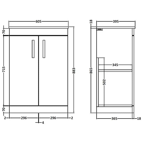 Athena Floor Standing 2 Door Vanity With Worktop 600mm