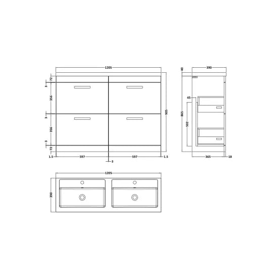 Athena Floor Standing 4 Drawer Vanity With Twin Polymarble Basin 1200mm