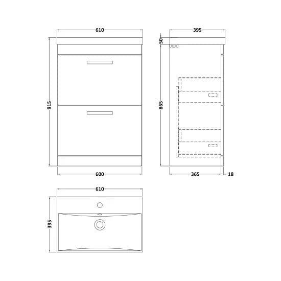 Athena Floor Standing 2 Drawer Vanity With Thin-Edge 1 Tap Hole Basin 600mm