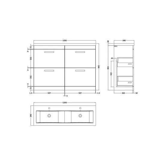 Athena Floor Standing 4 Drawer Vanity With Twin Basin 1200mm