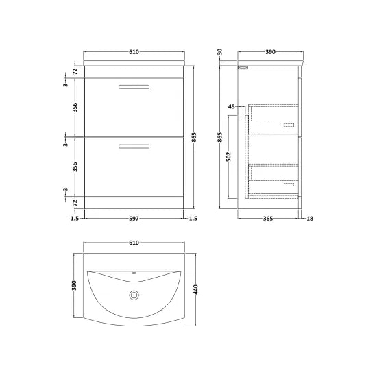 Athena Floor Standing 2 Drawer Vanity With Curved 1 Tap Hole Basin 600mm