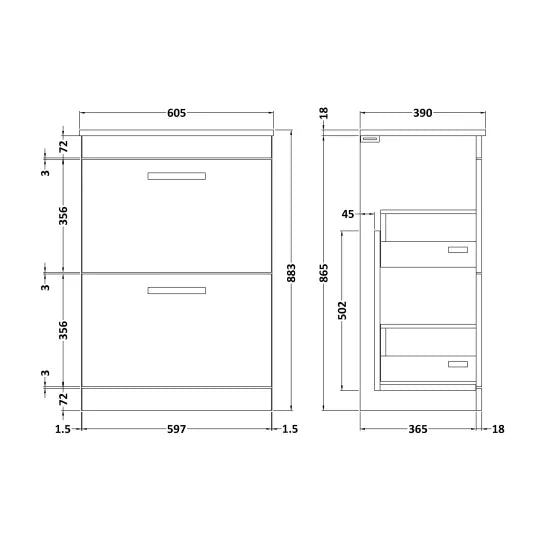 Athena Floor Standing 2 Drawer Vanity With Worktop 600mm