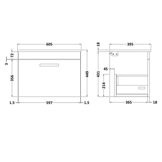 Athena Wall Hung Single Drawer Vanity With Minimalist 1 Tap Hole Basin 600mm