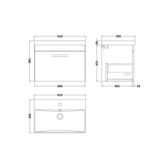 Athena Wall Hung Single Drawer Vanity With Thin-Edge 1 Tap Hole Basin 600mm