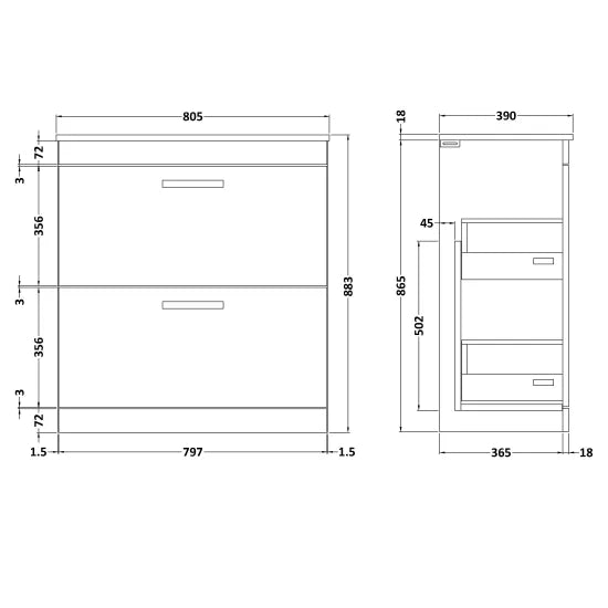 Athena Floor Standing 2 Drawer Vanity With Worktop 800mm