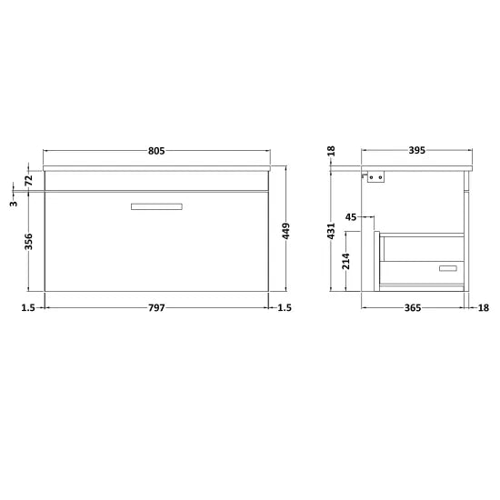 Athena Wall Hung Single Drawer Vanity With Minimalist 1 Tap Hole Basin 800mm