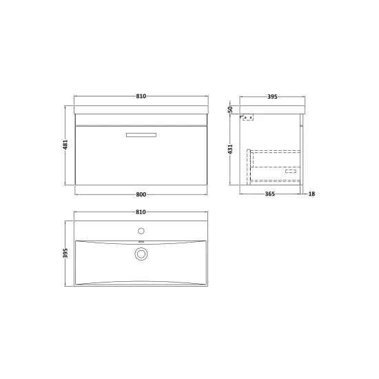 Athena Wall Hung Single Drawer Vanity With Thin-Edge 1 Tap Hole Basin 800mm