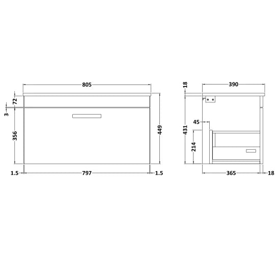 Athena Wall Hung Single Drawer Vanity With Worktop 800mm