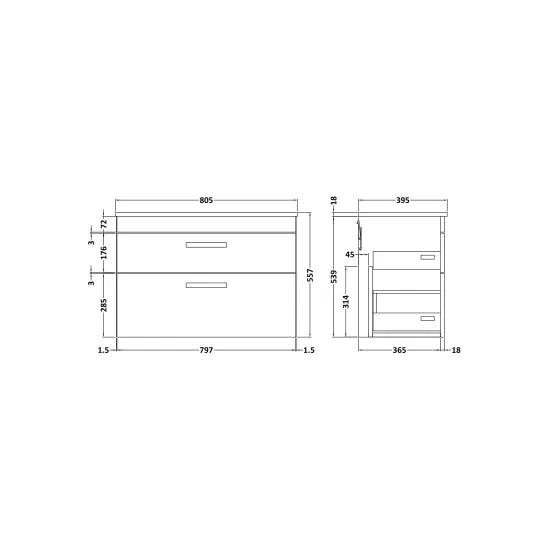 Athena Wall Hung 2 Drawer Vanity With Minimalist 1 Tap Hole Basin 800mm