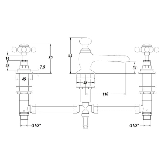 White Topaz With Crosshead Handle 3 Tap Hole Basin Mixer