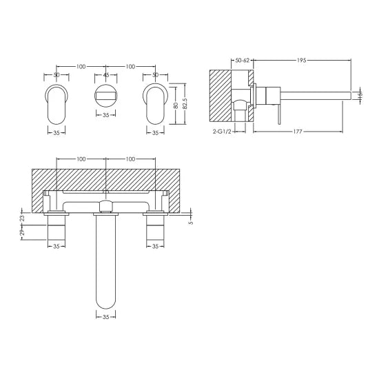 Binsey Wall Mounted 3 Tap Hole Basin Mixer