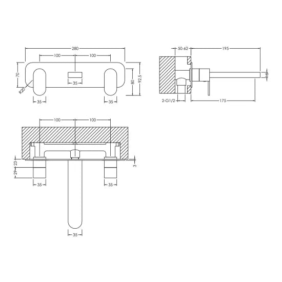 Binsey Wall Mounted 3 Tap Hole Basin Mixer With Plate