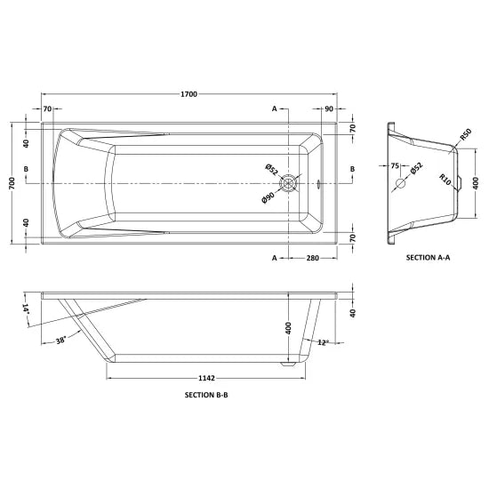 Linton Eternalite Square Single Ended Straight Shower Bath 1700mm x 700mm