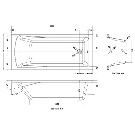 Linton Eternalite Square Single Ended Straight Shower Bath 1700mm x 750mm