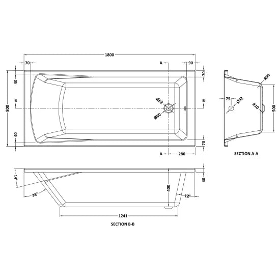 Linton Eternalite Square Single Ended Straight Shower Bath 1800mm x 800mm