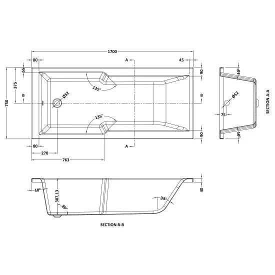 Shower Baths Eternalite Square Single Ended Straight Shower Bath 1700mm x 750mm