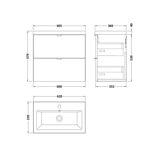 Fusion Wall Hung 2 Drawer Vanity Unit or Ceramic Basin 600mm