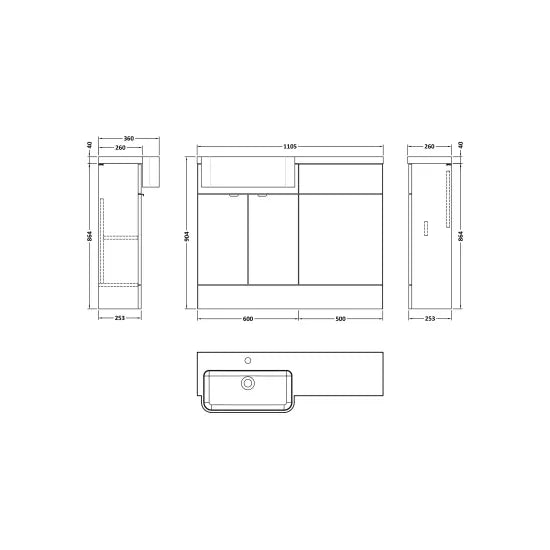 Fusion Floor Standing 2 Door Vanity Unit or WC with Left Hand Semi Recessed Basin Combination 1100mm