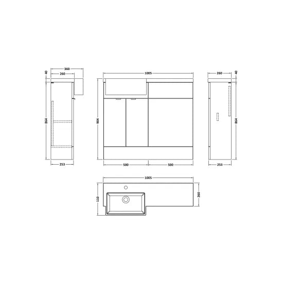 Fusion Floor Standing 2 Door Vanity Unit or WC with Left Hand Semi Recessed Basin Combination 1000mm