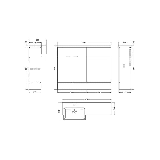 Fusion Floor Standing 2 Door Vanity Unit or WC with Left Hand Semi Recessed Basin Combination 1100mm