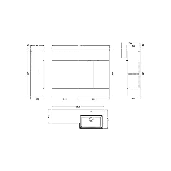 Fusion Floor Standing 2 Door Vanity Unit or WC with Right Hand Semi Recessed Basin Combination 1100mm