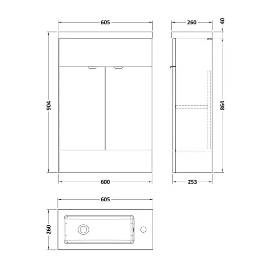 Fusion Floor Standing 2 Door Vanity Unit or Polymarble Basin Compact 600mm