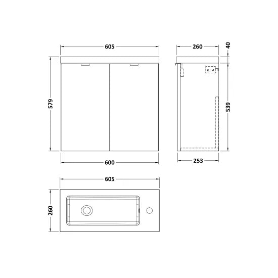 Fusion Wall Hung 2 Door Vanity Unit or Polymarble Basin 600mm