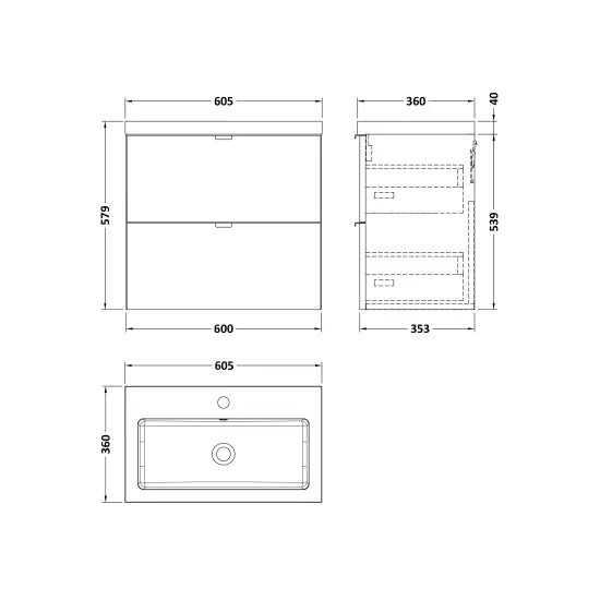 Fusion Wall Hung 2 Drawer Vanity Unit or Polymarble Basin 600mm