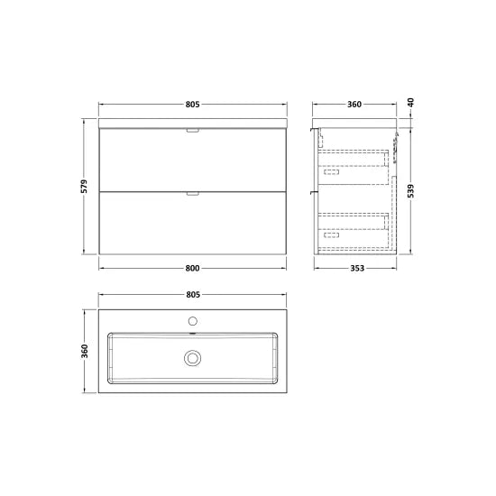 Fusion Wall Hung 2 Drawer Vanity Unit or Polymarble Basin 800mm