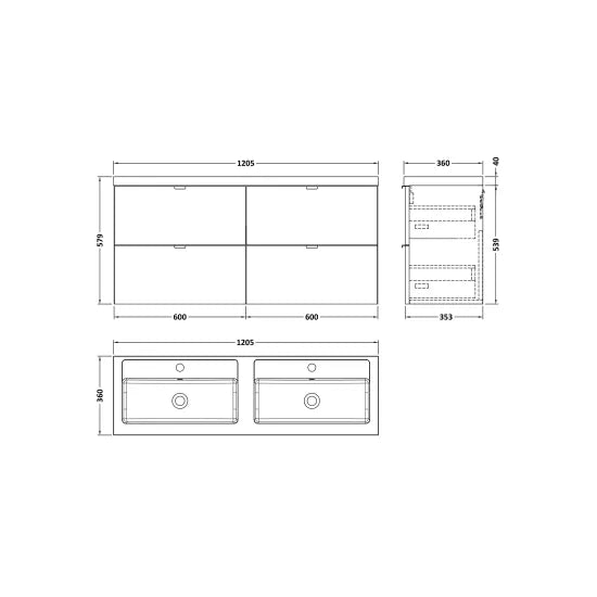 Fusion Wall Hung 4 Drawer Vanity Unit or Twin Polymarble Basin 1200mm