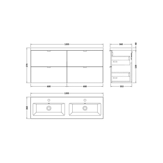 Fusion Wall Hung 4 Drawer Vanity Unit or Twin Ceramic Basin 1200mm