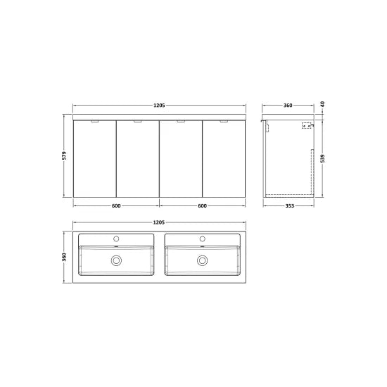 Fusion Wall Hung 4 Door Vanity Unit or Twin Polymarble Basin 1200mm