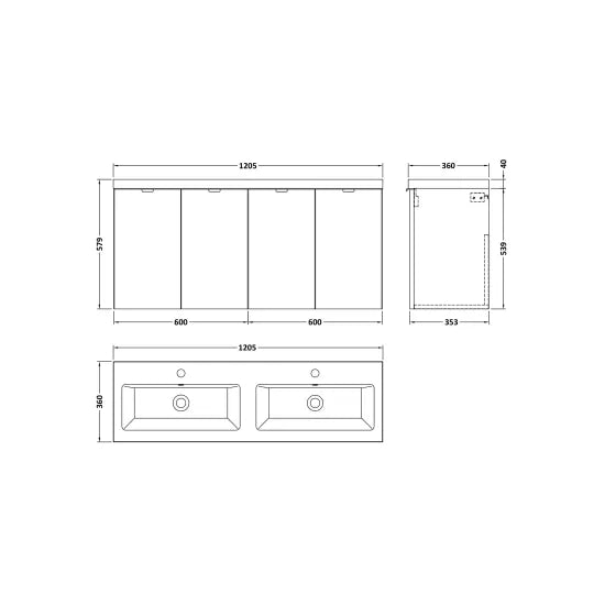 Fusion Wall Hung 4 Door Vanity Unit or Twin Ceramic Basin 1200mm