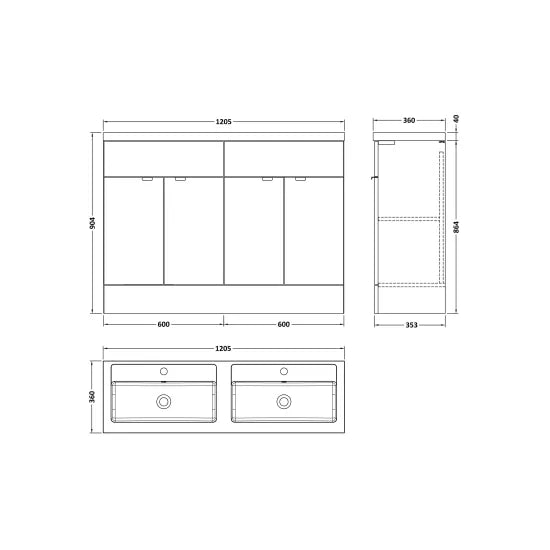 Fusion Floor Standing 4 Door Vanity Unit or Twin Polymarble Basin 1200mm