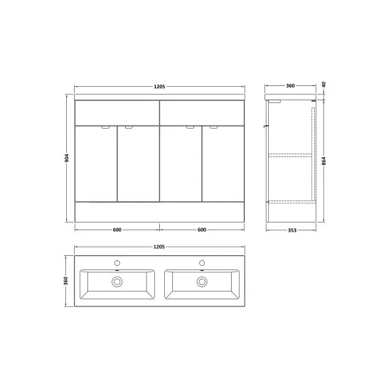 Fusion Floor Standing 4 Drawer Vanity Unit or Twin Ceramic Basin 1200mm