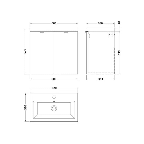 Fusion Wall Hung 2 Door Vanity Unit or Ceramic Basin 600mm