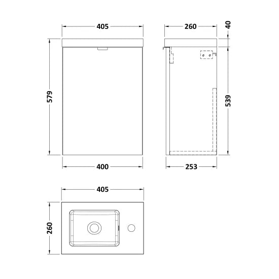 Fusion Wall Hung 1 Door Vanity Unit or Polymarble Basin Compact 400mm