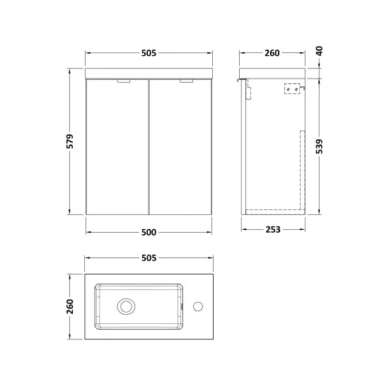 Fusion Wall Hung 2 Door Vanity Unit or Polymarble Basin Compact 500mm