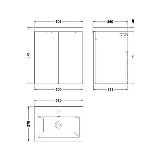 Fusion Wall Hung 2 Door Vanity Unit or Ceramic Basin 500mm