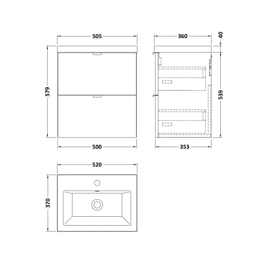 Fusion Wall Hung 2 Drawer Vanity Unit or Ceramic Basin 500mm