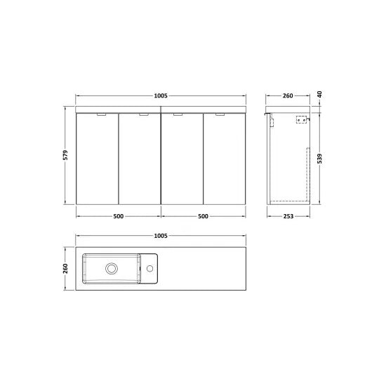 Fusion Wall Hung 4 Door Vanity Unit or Polymarble Basin Compact 1000mm