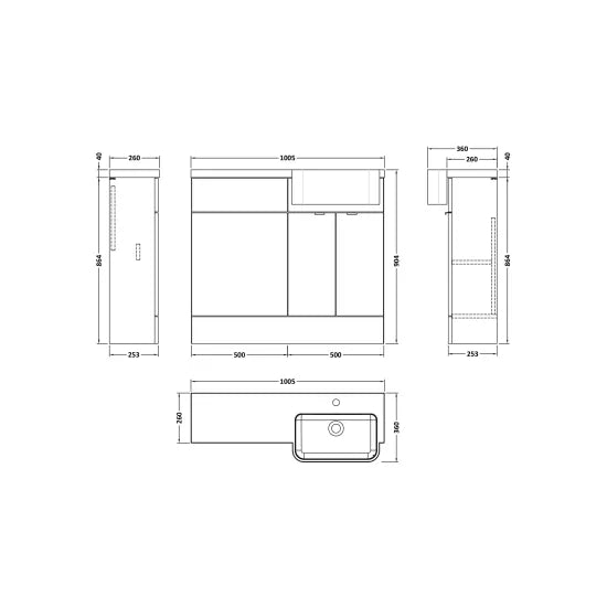 Fusion Floor Standing 2 Door Vanity Unit or WC with Right Hand Semi Recessed Basin Combination 1000mm