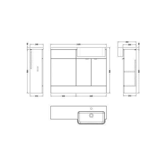 Fusion Floor Standing 2 Door Vanity Unit or WC with Right Hand Semi Recessed Basin Combination 1100mm