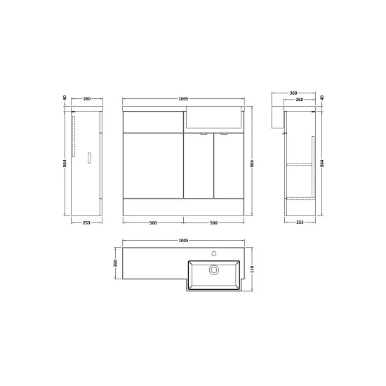 Fusion Floor Standing 2 Door Vanity Unit or WC with Right Hand Semi Recessed Basin Combination 1000mm