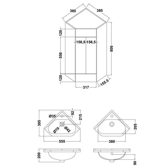 Mayford Floor Standing Single Door Corner Vanity Unit with Ceramic Basin