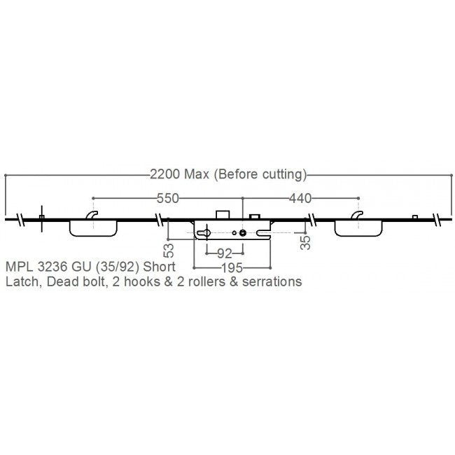 GU Short Latch 2 Hook 2 Roller 35mm Backset Multi Point Door Lock with Serrations - Single Spindle